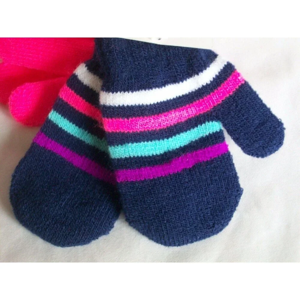 Healthtex Hot Pink Navy Blue Toddler Infant Baby Mittens Striped Winter Gloves